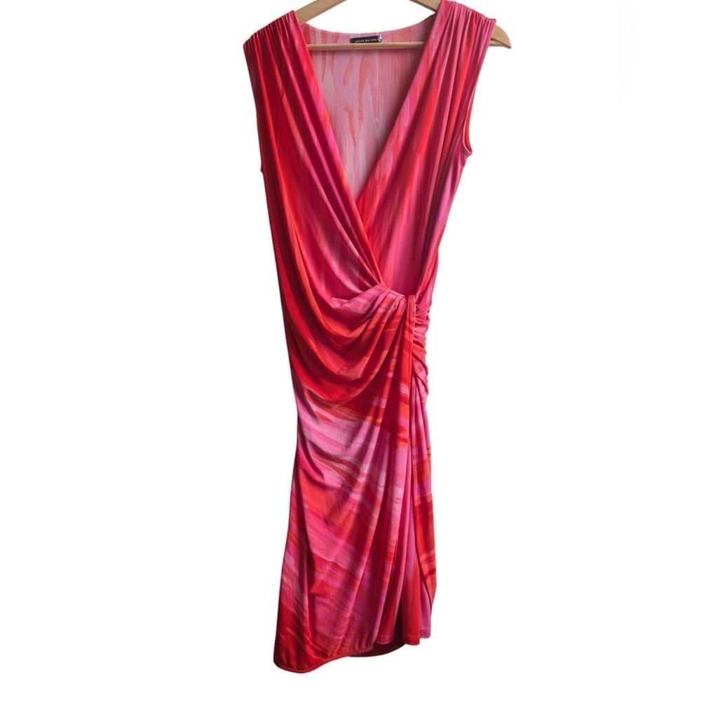 Natori Red Pink Watercolor Ruched Sheath Dress V-Neck Sleeveless Cocktail Small - Picture 6 of 10